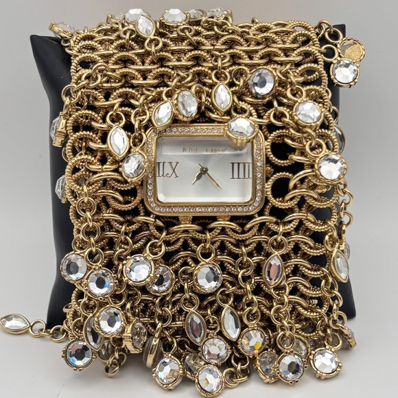 Betsey Johnson Accessories - Betsey Johnson Watch Crystal Wide Chain Bracelet Gold Tone Needs Battery